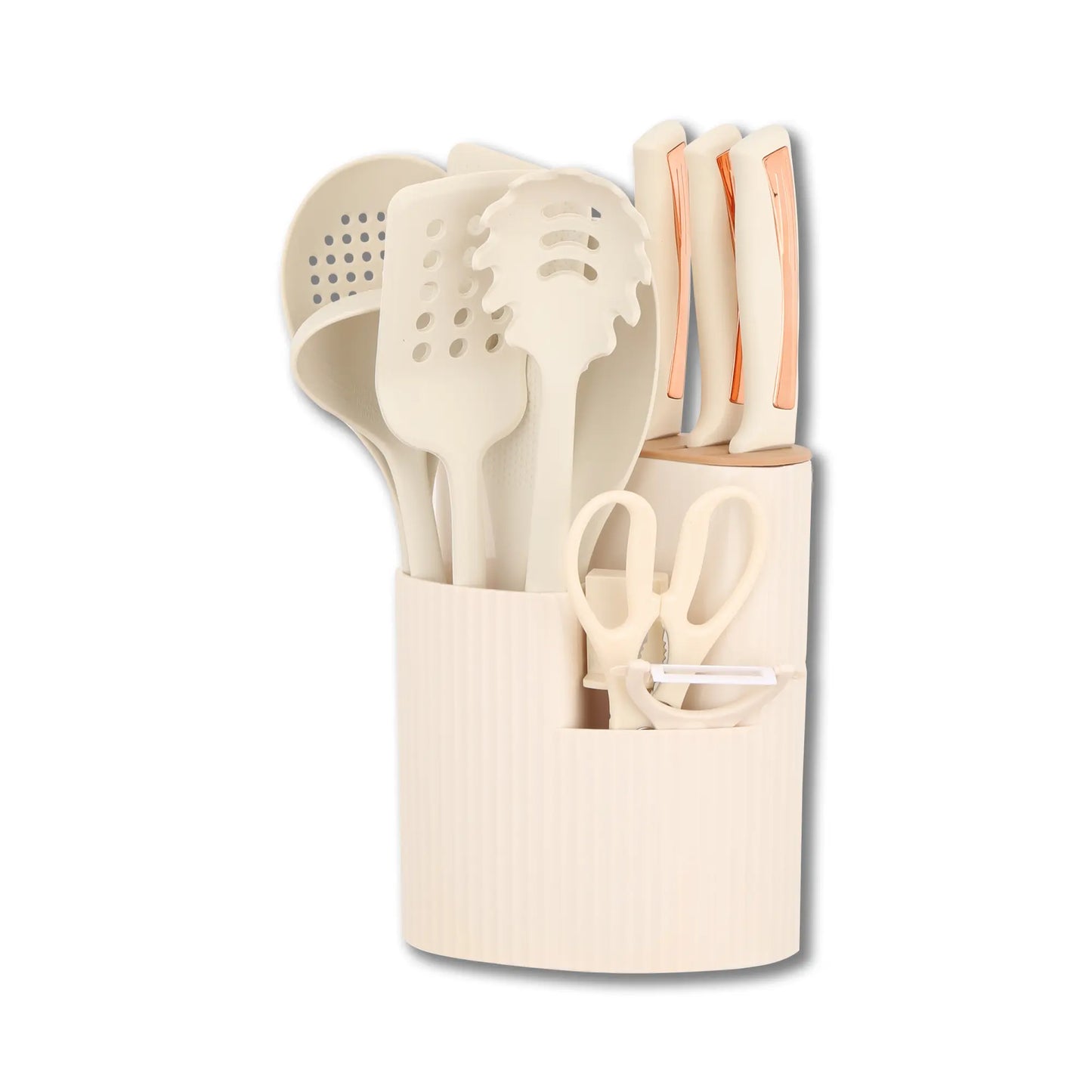 15-Piece Kitchen Knife and Utensil Set with 360° Rotating Holder, Rose Gold Accent Silicone Cooking Tools & Stainless Steel Knife Block Combo, Apartment Essentials