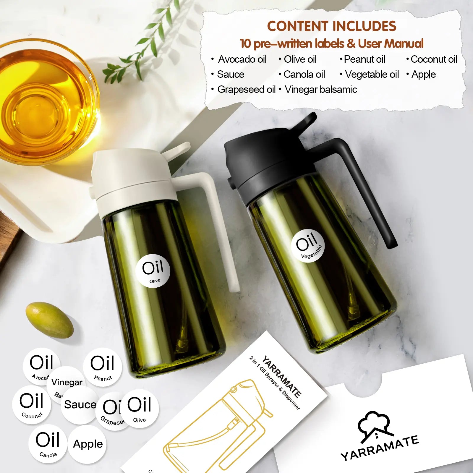 YARRAMATE 16Oz/470Ml Thick Lid Light-Blocking Glass Dark Oil Sprayer, Transparent Modern Olive Oil Dispenser for Kitchen, Air Fryer