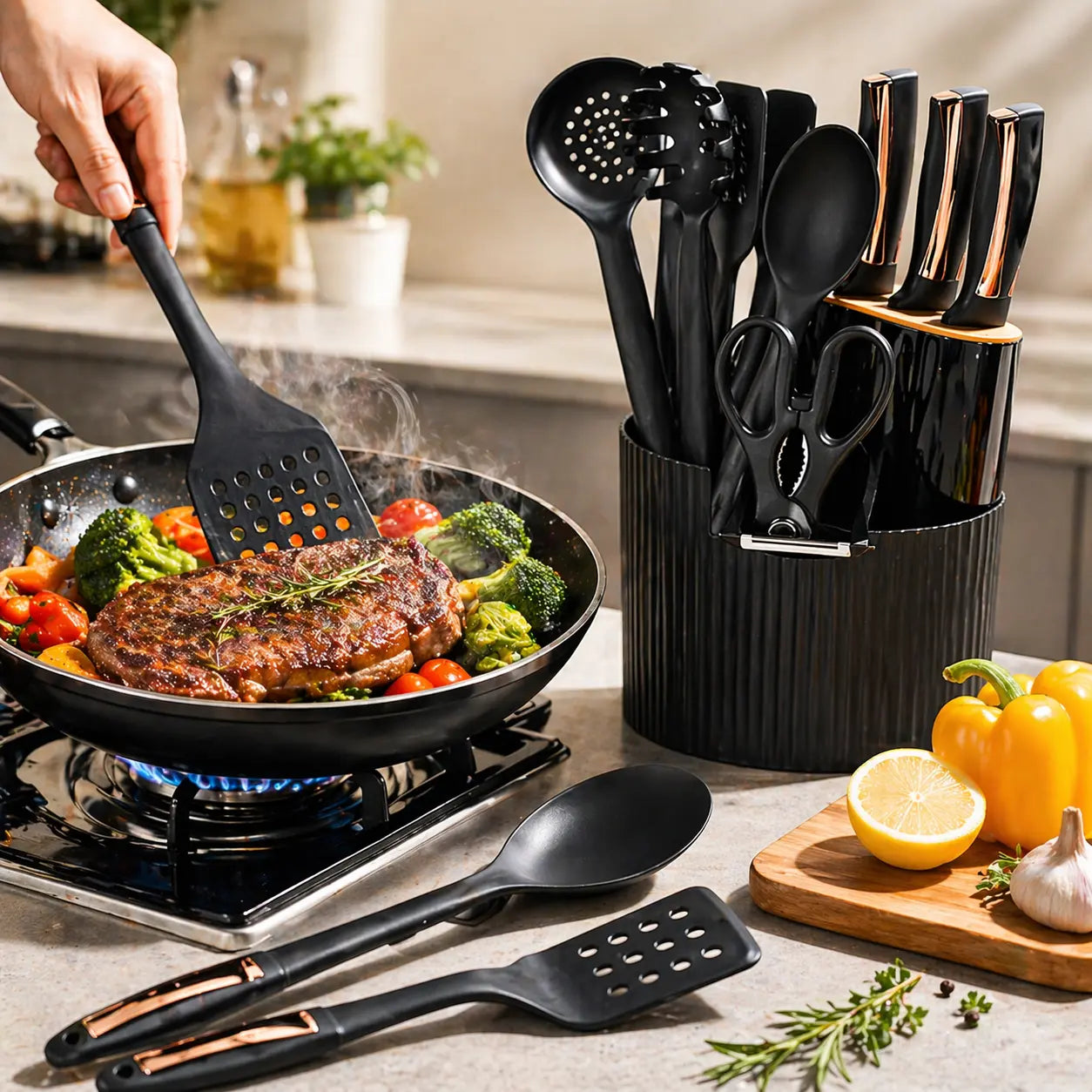 15-Piece Kitchen Knife and Utensil Set with 360° Rotating Holder, Rose Gold Accent Silicone Cooking Tools & Stainless Steel Knife Block Combo, Apartment Essentials