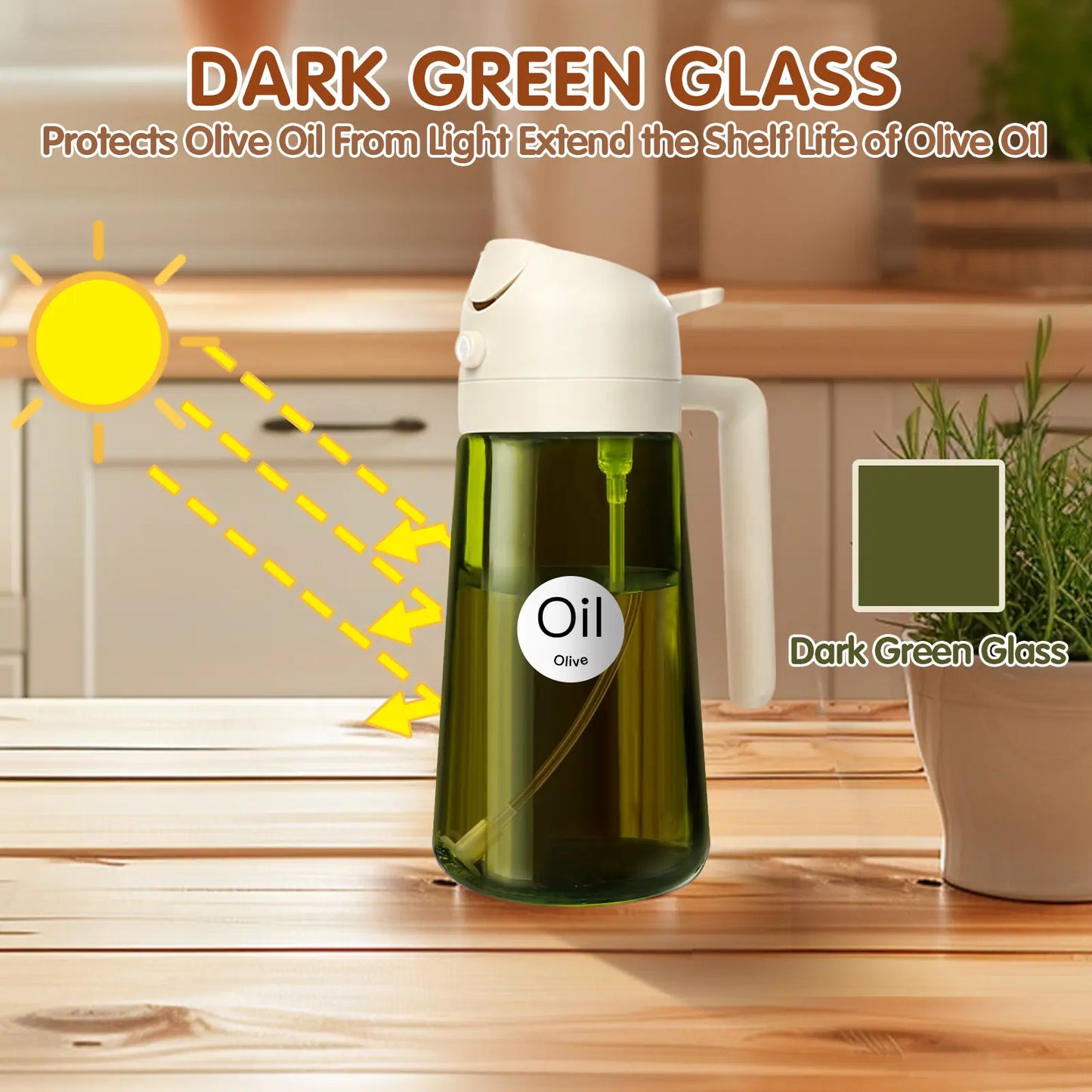 YARRAMATE 16Oz/470Ml Thick Lid Light-Blocking Glass Dark Oil Sprayer, Transparent Modern Olive Oil Dispenser for Kitchen, Air Fryer