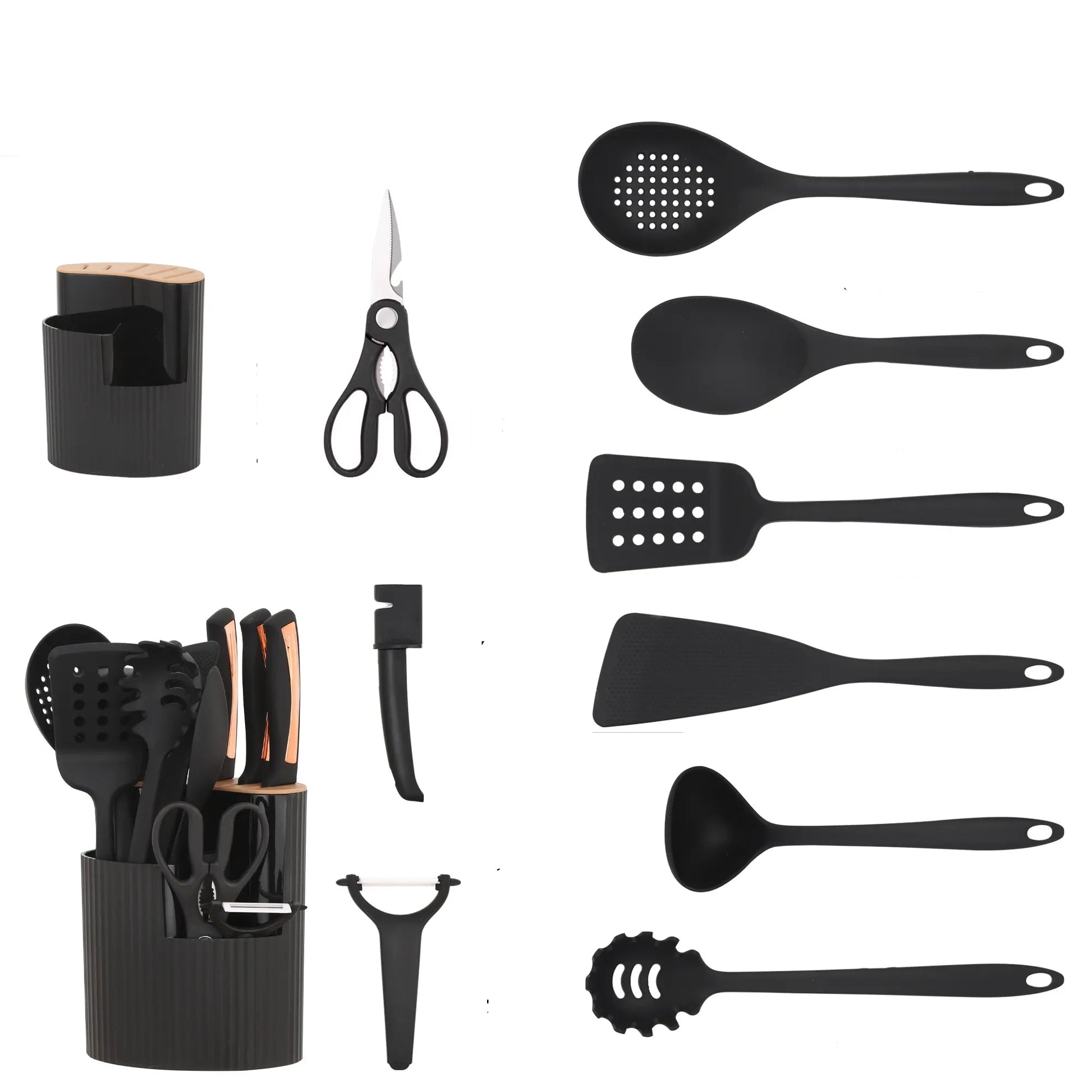 15-Piece Kitchen Knife and Utensil Set with 360° Rotating Holder, Rose Gold Accent Silicone Cooking Tools & Stainless Steel Knife Block Combo, Apartment Essentials