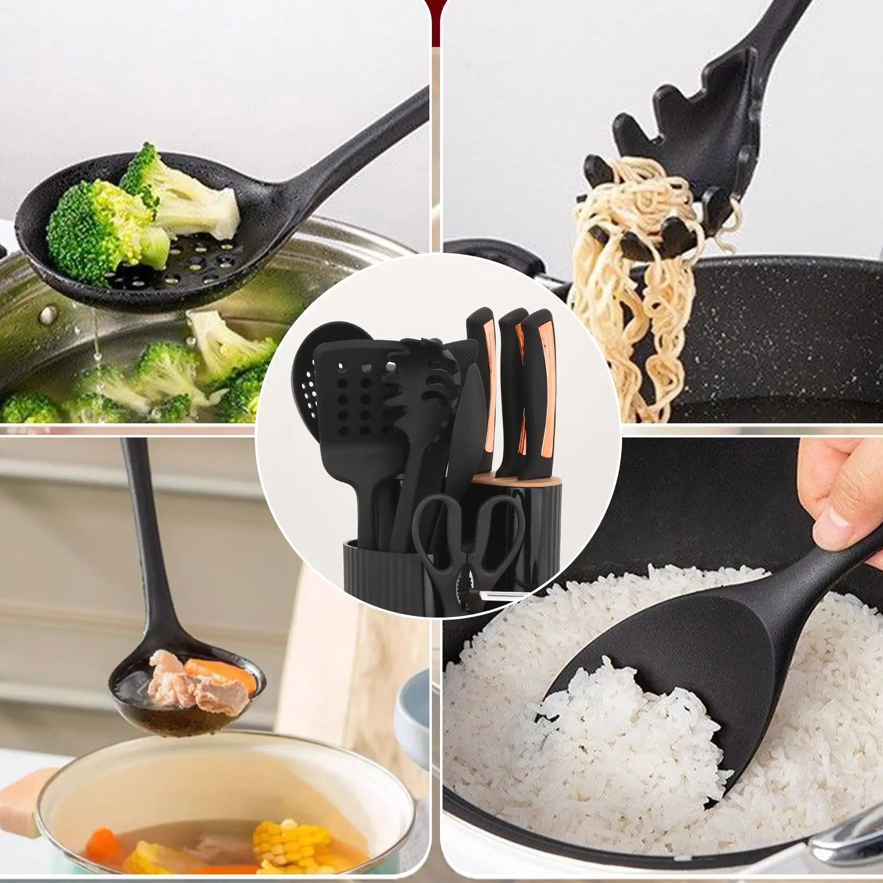 15-Piece Kitchen Knife and Utensil Set with 360° Rotating Holder, Rose Gold Accent Silicone Cooking Tools & Stainless Steel Knife Block Combo, Apartment Essentials