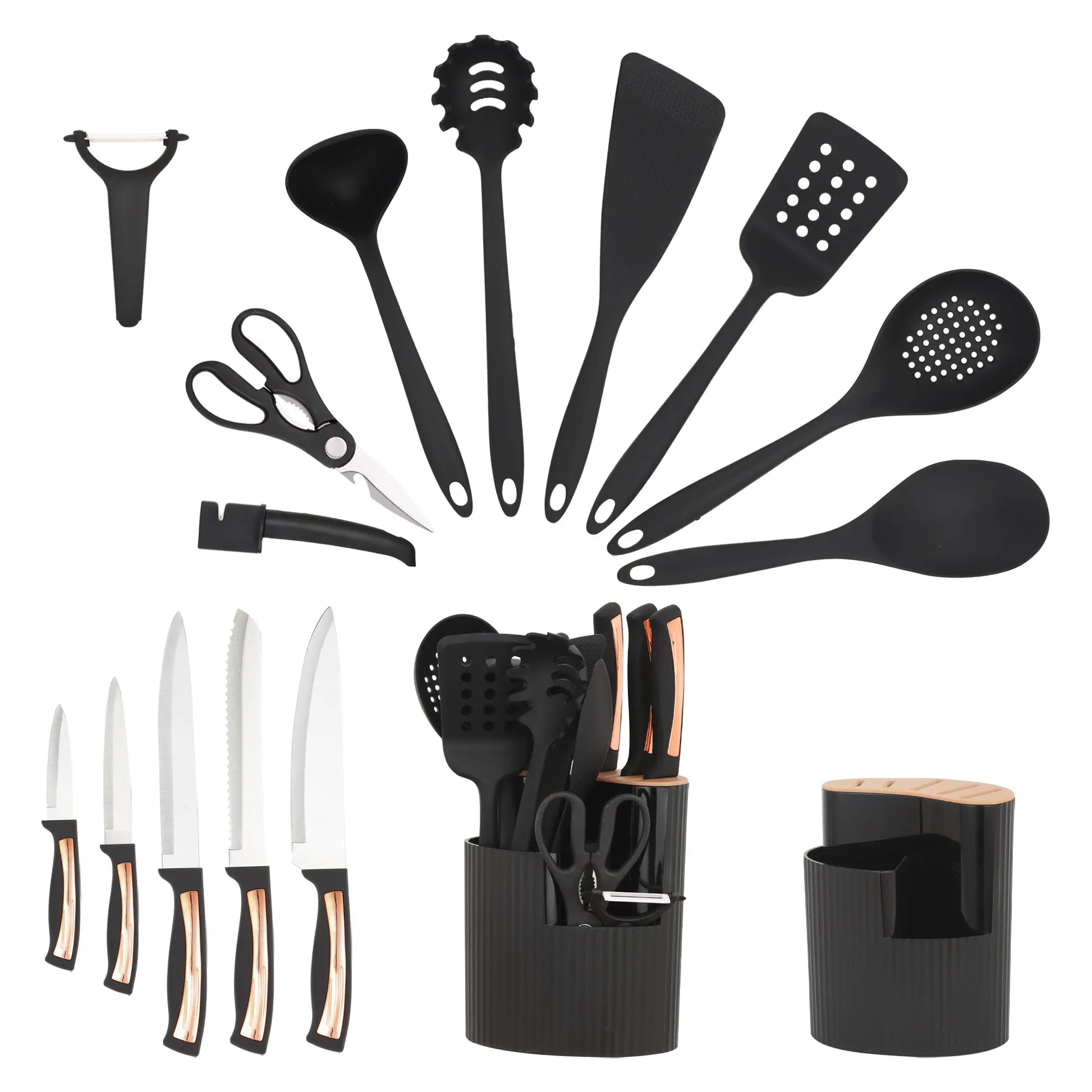 15-Piece Kitchen Knife and Utensil Set with 360° Rotating Holder, Rose Gold Accent Silicone Cooking Tools & Stainless Steel Knife Block Combo, Apartment Essentials