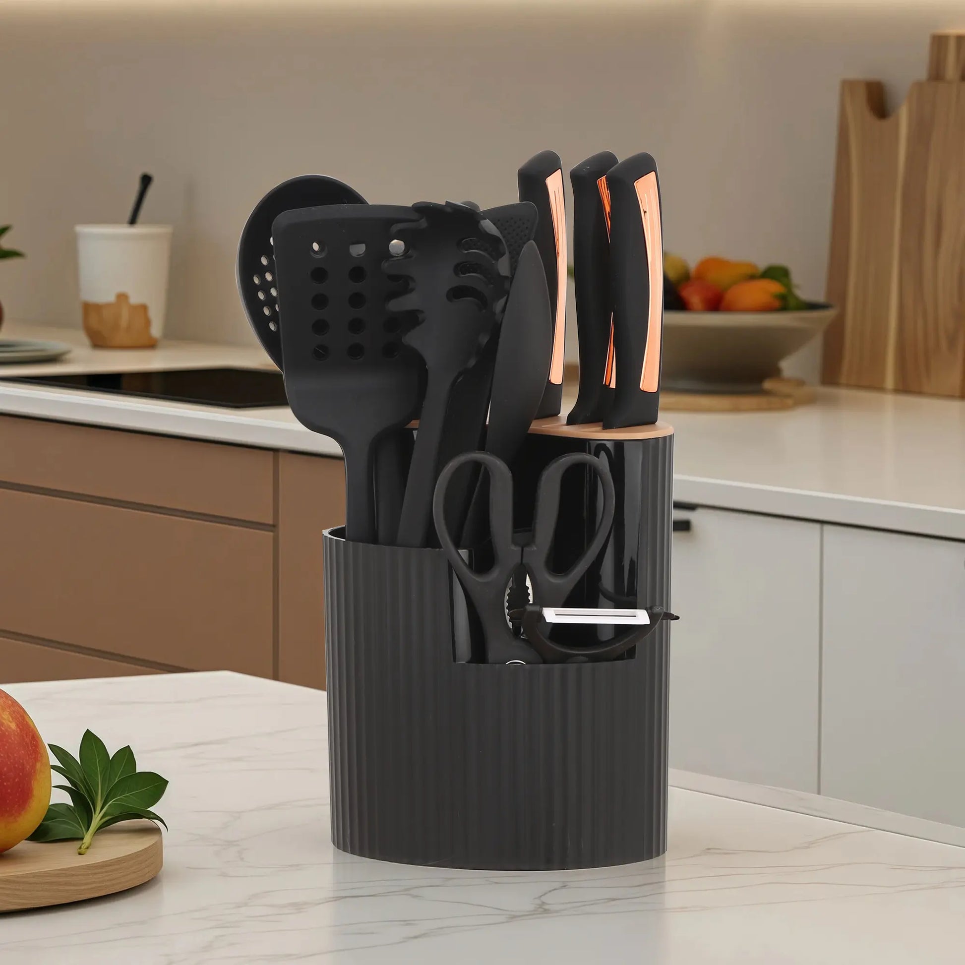 15-Piece Kitchen Knife and Utensil Set with 360° Rotating Holder, Rose Gold Accent Silicone Cooking Tools & Stainless Steel Knife Block Combo, Apartment Essentials