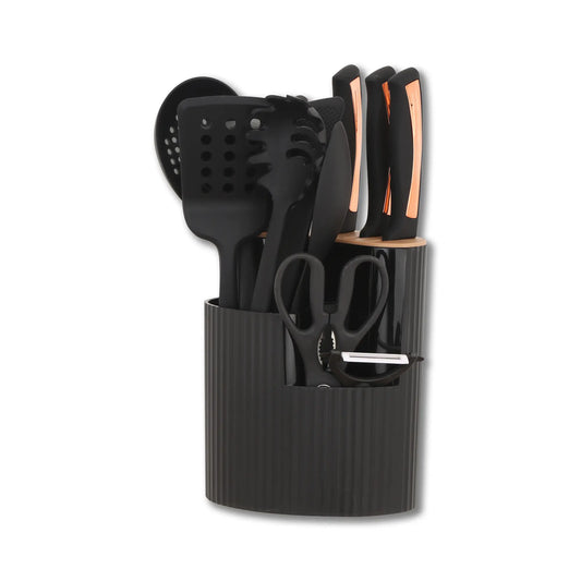 15-Piece Kitchen Knife and Utensil Set with 360° Rotating Holder, Rose Gold Accent Silicone Cooking Tools & Stainless Steel Knife Block Combo, Apartment Essentials
